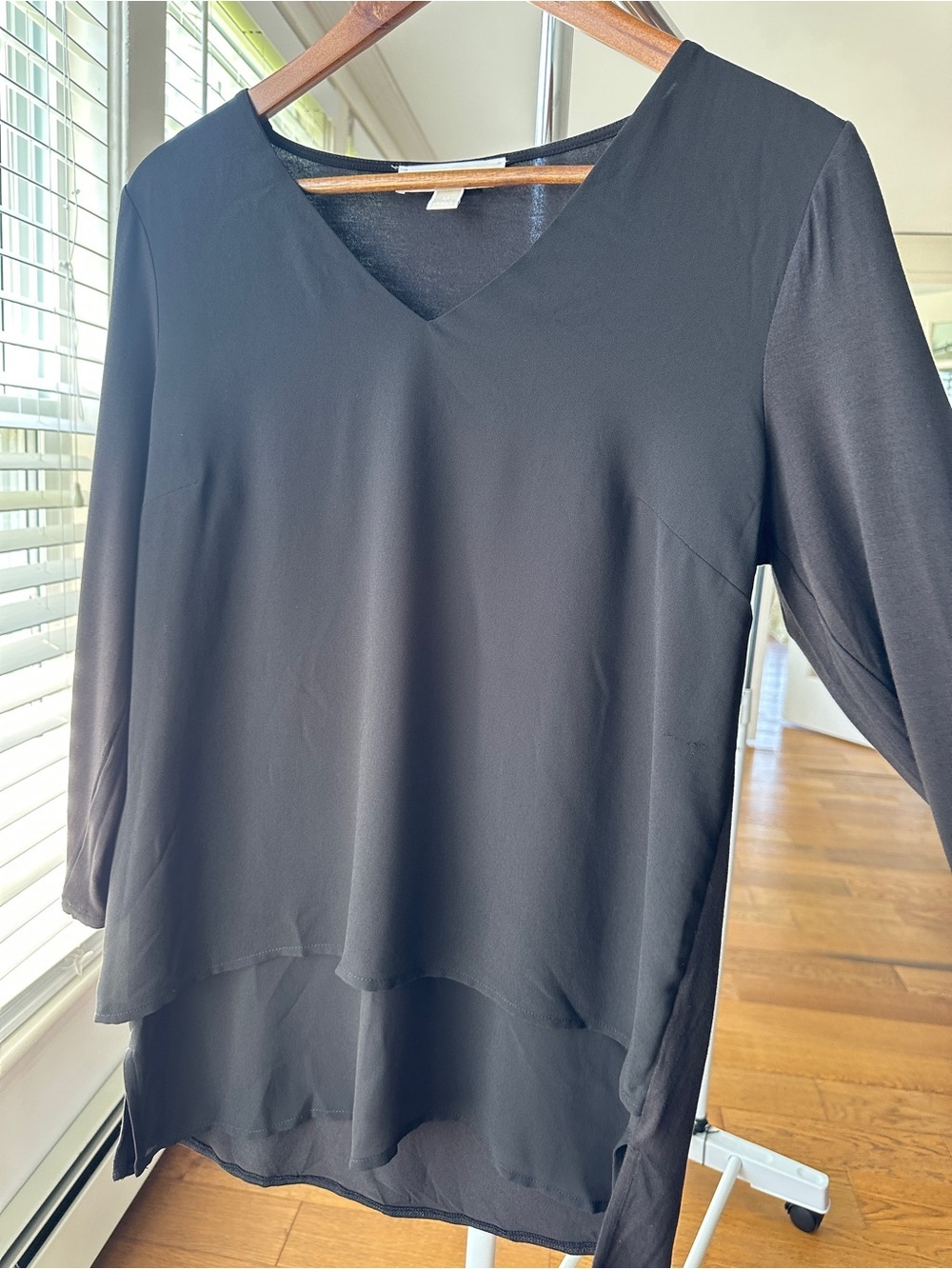 Michael Kors Black V-Neck Layered Top, with 3/4 Length Sleeves, Loose & Flowy